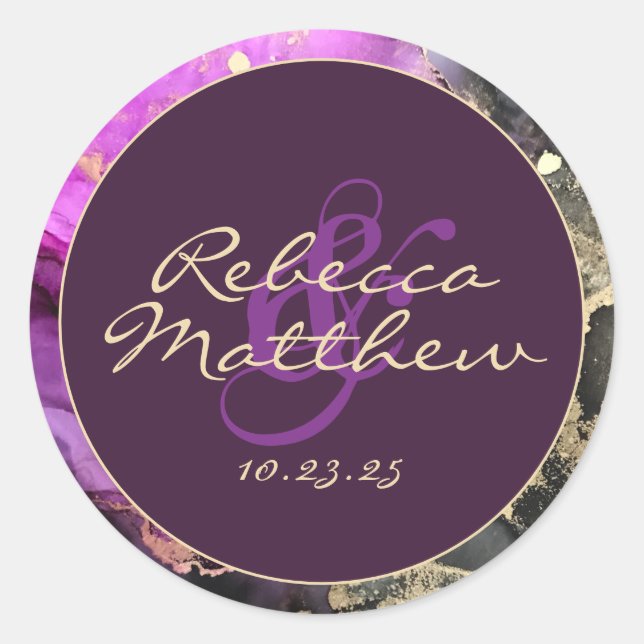 Sticker Rond Personnalisé Nommé Black Gold Purple (Devant)