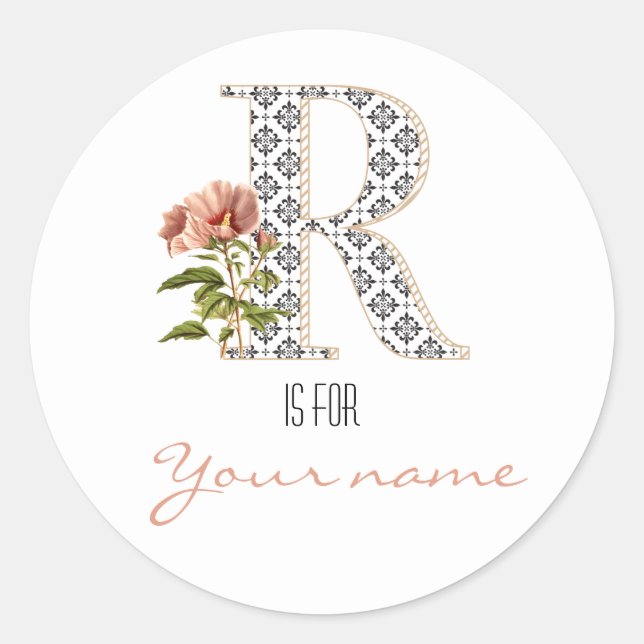 Sticker Rond Personnalisé R Nom Floral Fleur Lettre Rétro R Vin (Devant)