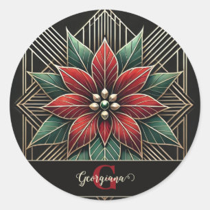 Sticker Rond Personnalisé Retro Art Déco Floral Poinsettia