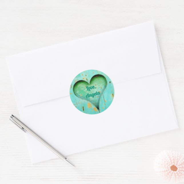Sticker Rond Personnalisé Rustic Aqua Green Heart (Enveloppe)
