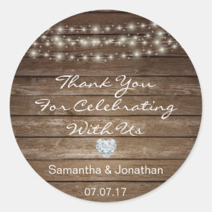 Sticker Rond Personnalisé Rustic String Lights Mariage en bois