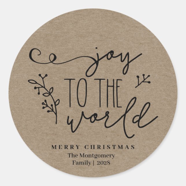 Sticker Rond Personnalisé Rustique Joyeux Noël Nom Kraft (Devant)