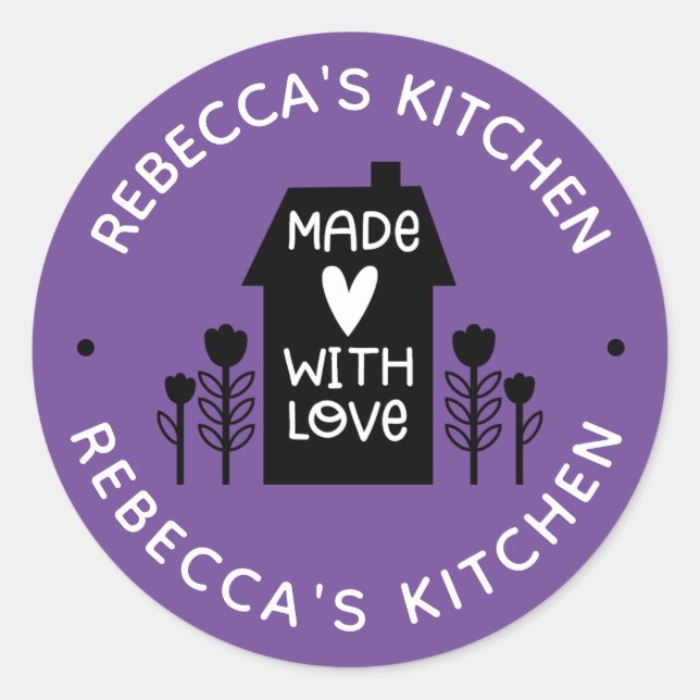 Sticker Rond Personnalisé Violet Fait Maison Avec Amour Classiq (Devant)