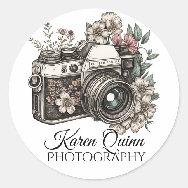Sticker Rond Personnalisée, Boho Camera Impression, marque de p (Devant)