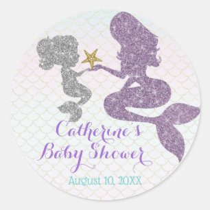 Sticker Rond Personnaliser Mermaid Baby shower Étincelle Purpl