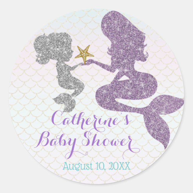 Sticker Rond Personnaliser Mermaid Baby shower Étincelle Purple (Devant)