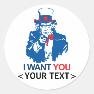 STICKER ROND PERSONNALISER ONCLE SAM VOUS SOUHAITE,<YOUR TEXT>