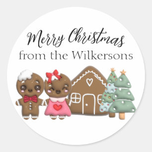 Sticker Rond Personnes en pain d'épices Joyeux Noël Nom personn