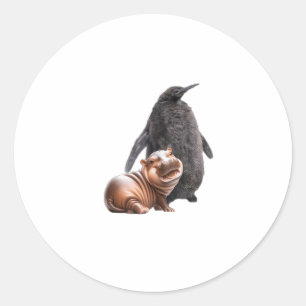 Sticker Rond Pesto Cute Pingouin Et Moo Deng Baby Hippo Tan