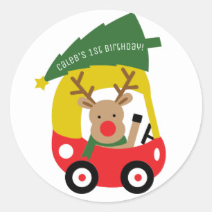 Sticker Rond Pet Renne Voiture Rouge Sapin de Noël Fête Enfants