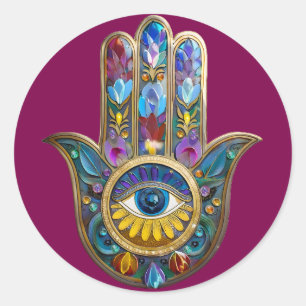 Sticker Rond Pétales Colorés Feuilles Hamsa Saphir Troisième Œi