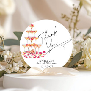 Sticker Rond Pétales et Prosecco Merci nuptial rose chaud