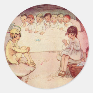 Sticker Rond Peter Pan vintage et Wendy au fond