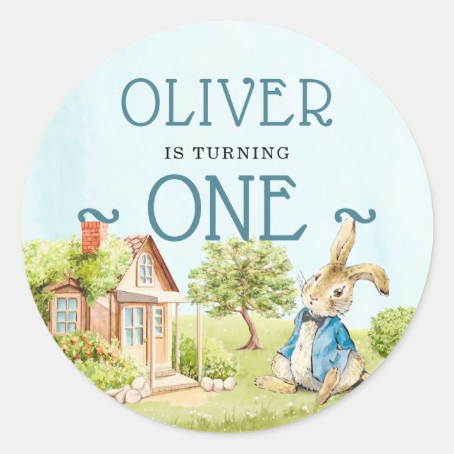 Sticker Rond Peter Rabbit Blue Baby's First Birthday (Devant)