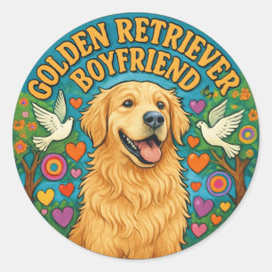 Sticker Rond Petit Ami Golden Retriever Drôle Rétro Amoureux de
