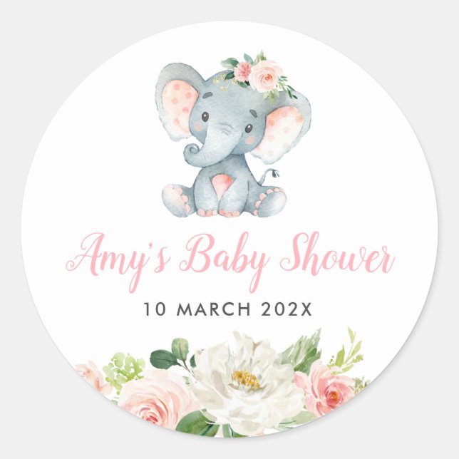 Sticker Rond Petit baby shower à fleurs rose éléphant (Devant)