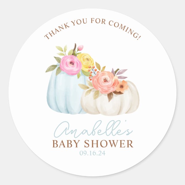 Sticker Rond Petit Baby shower d'automne Citrouille Personnalis (Devant)