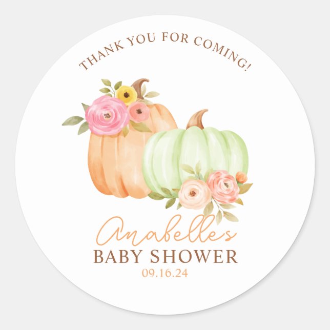 Sticker Rond Petit Baby shower d'automne Citrouille Personnalis (Devant)