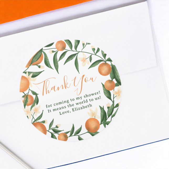 Sticker Rond Petit baby shower de cuite orangé d'agrumes botani (Botanical citrus orange little cutie baby shower classic round sticker)