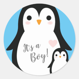 Sticker Rond Petit Baby shower de pingouin bleu garçon