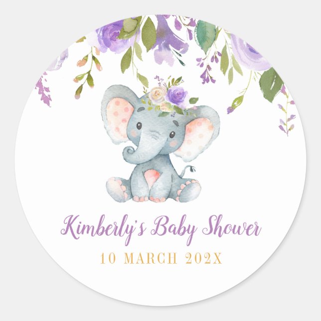 Sticker Rond Petit baby shower fleuri violet d'éléphant (Devant)