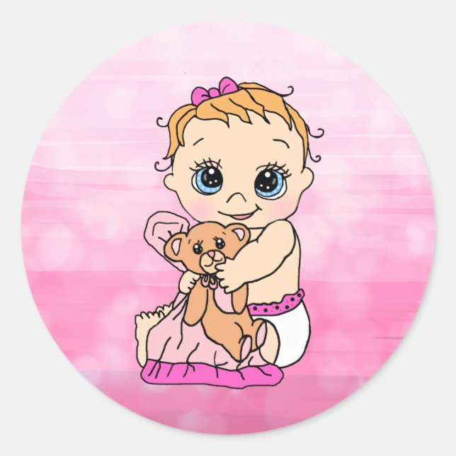 Sticker Rond Petit Bébé caucasien doux avec ours en peluche (Devant)