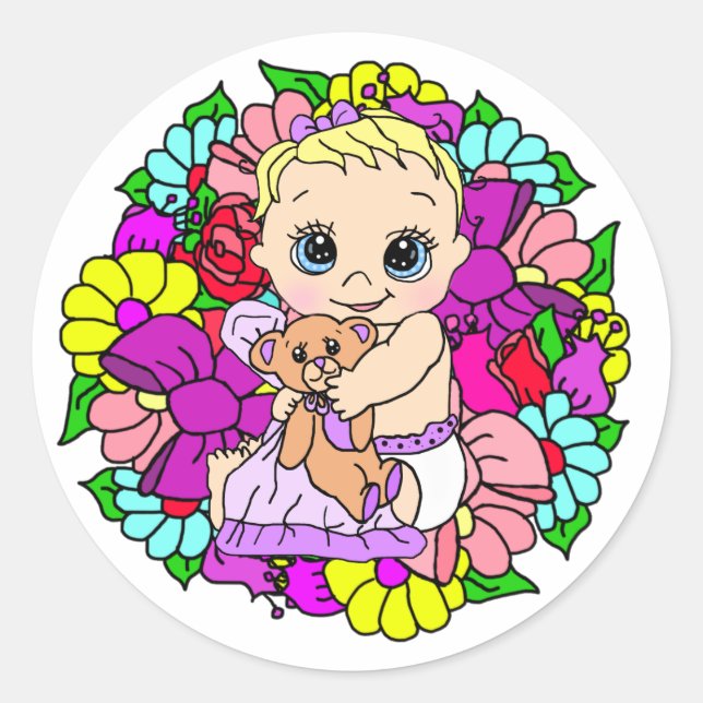 Sticker Rond Petit bébé doux avec ours en peluche Floral (Devant)