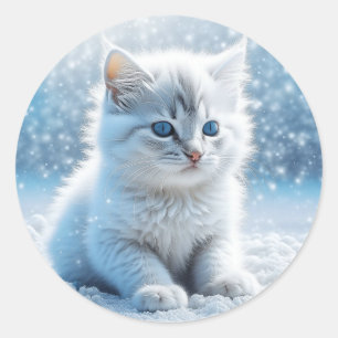 Sticker Rond Petit chaton blanc dans Noël de neige