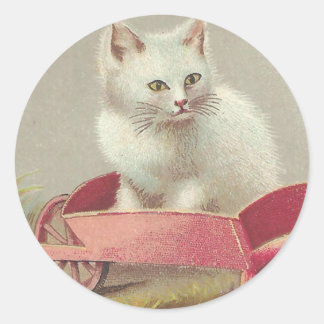 Sticker Rond Petit chaton blanc sucré en panier rose Vintage vi