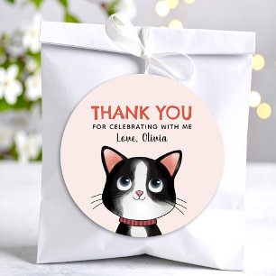 Sticker Rond Petit chaton noir et blanc merci