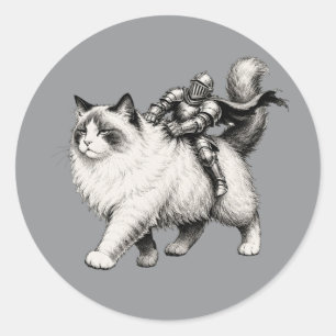 Sticker Rond Petit Chevalier Chevauchant un Chat Fluffy Grinche