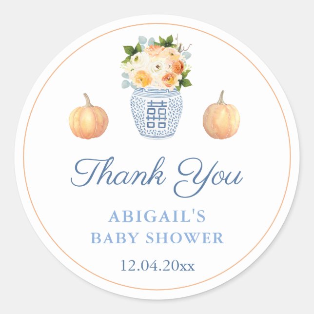 Sticker Rond Petit Citrouille Automne Baby shower Douche Faveur (Devant)