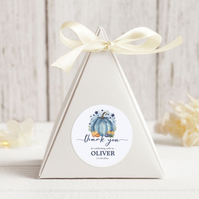 Sticker Rond Petit Citrouille Baby shower bleu  Merci (roun sticker for party favors or envelopes baby boy blue baby shower fall pumpkin)