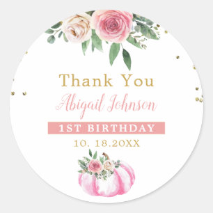 Sticker Rond Petit Citrouille Rose or Floral 1er anniversaire F