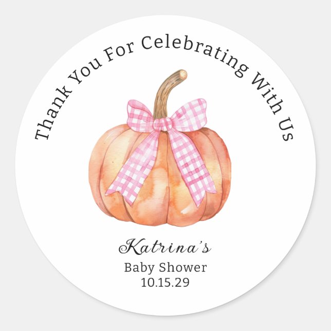 Sticker Rond Petit Citrouille sur le Baby shower Way Pink Bow (Devant)