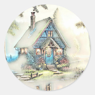 Sticker Rond Petit Cottage Dans Les Bois - Enchantant Escape