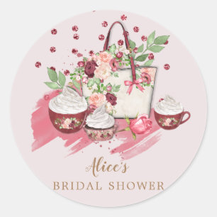 Sticker Rond petit cupcake à fleurs mignonette douche rose mono