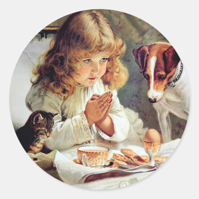 Sticker Rond Petit déjeuner en Bed : Girl, Terrier et Kitty Cat (Devant)