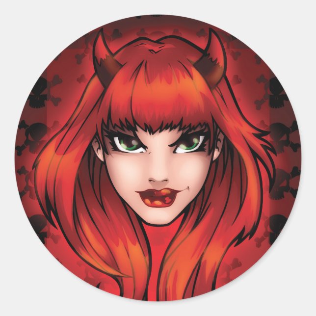Sticker Rond Petit diable avec crâne personnage de dessin animé (Devant)