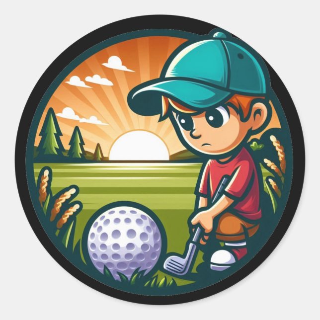 Sticker Rond petit garçon essayant de frapper le ballon de golf (Devant)