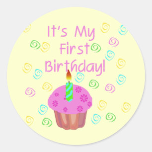 Sticker Rond Petit gâteau rose avec de bougie l'anniversaire