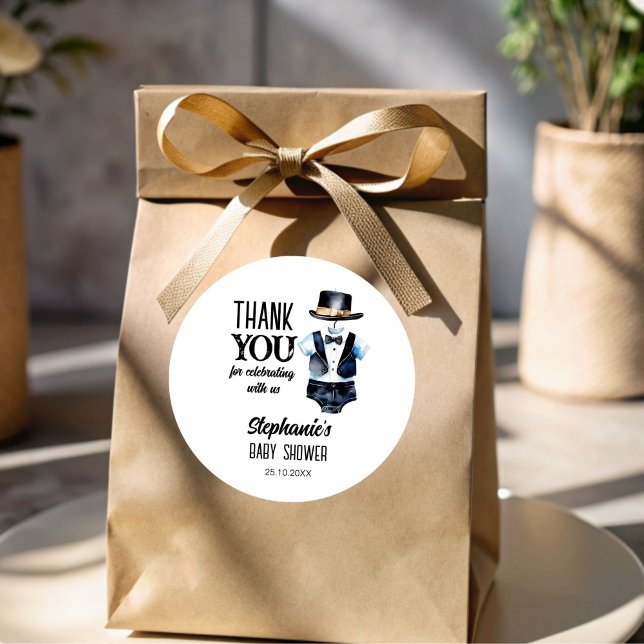 Sticker Rond Petit homme baby shower noir tuxedo faveur (Little man baby shower black tuxedo hat thank you favor sticker template boy baby shower favors)