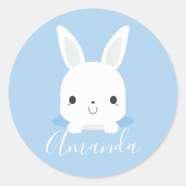 Sticker Rond Petit lapin bleu mignon avec nom personnalisé (Devant)