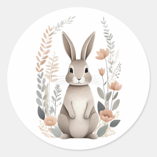Sticker Rond Petit lapin de lapin mignon Boho avec fleurs (Devant)