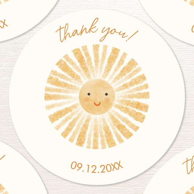 Sticker Rond Petit Merci solaire (Personalized date thank you sticker with watercolor sunshine)