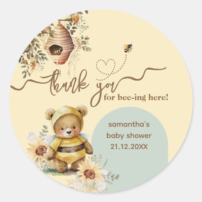 Sticker Rond Petit miel Baby shower d'ours Merci abeilles ici (Devant)