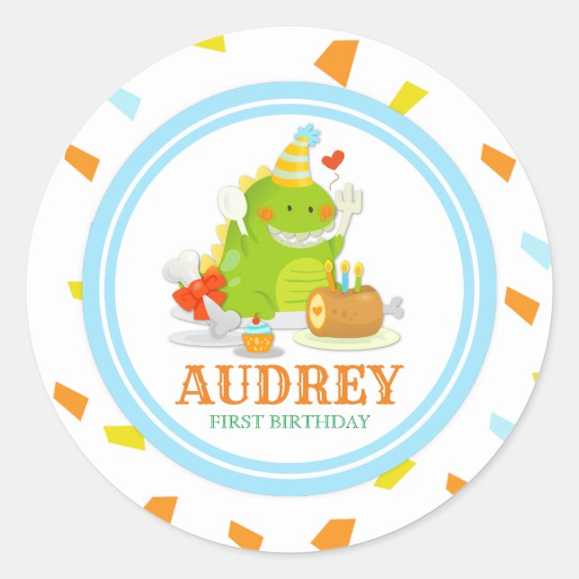 Sticker Rond Petit Monster Green Dino Baby shower d'anniversair (Devant)