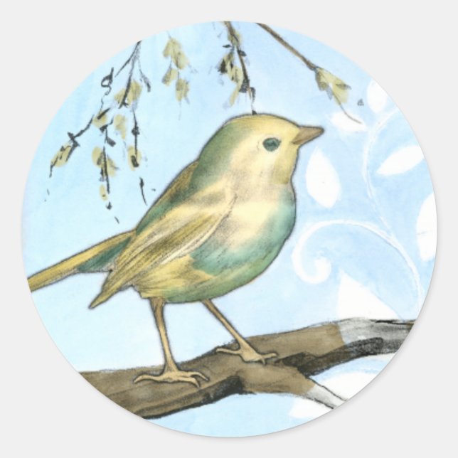 Sticker Rond Petit oiseau jaune perché sur une branche Recherch (Devant)