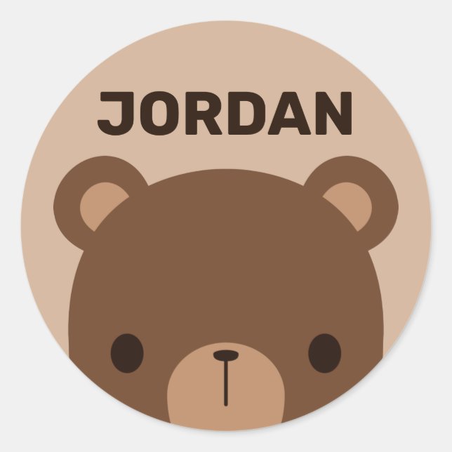 Sticker Rond Petit ours Brown mignon avec nom personnalisé (Devant)