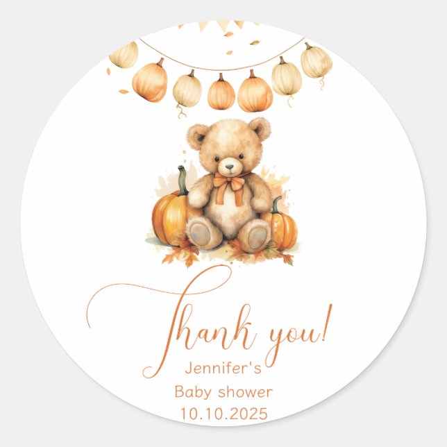 Sticker Rond Petit ours citrouille baby shower d'automne merci (Devant)